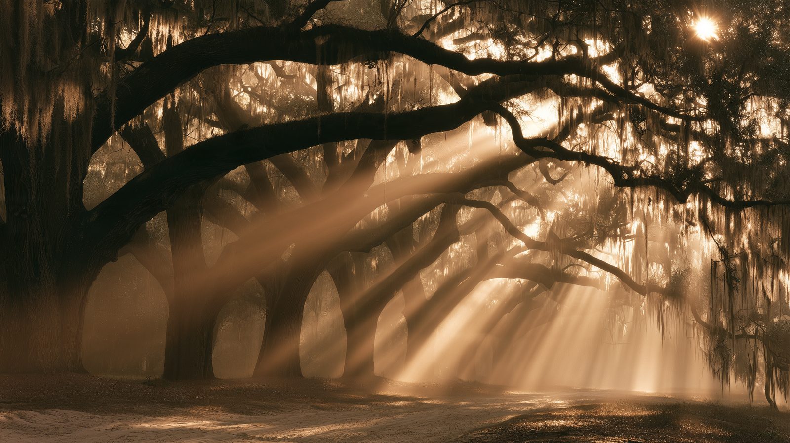 Morning sun through Savannah live oaks